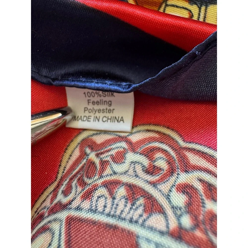 Equestrian Belt Chain Print‎ Square Scarf Navy Blue Red Silk Feeling Polyester